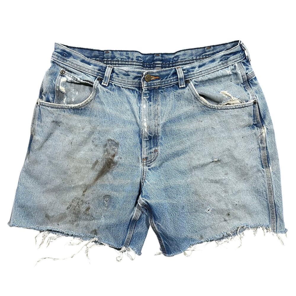 Vintage 90s Key Workwear Distressed Denim Shorts 35 Waist Cut Off Jeans Faded